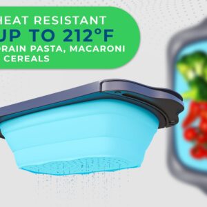 XL Large Kitchen Strainer by Comfify - Collapsible Silicone Over-The-Sink Colander with Extendable Handles - Use with Pasta, Fruit, Berries & Veggie - 6 Quart - Blue