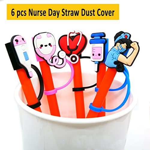 6Pcs Straw Covers, Silicone Straw Tip Covers, Straw Toppers for Tumblers, Reusable Drinking Dust Proof Straw Tip Covers for 6-8mm Straws (Nurse Theme)