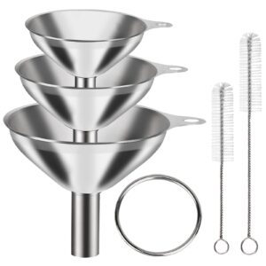 6 pcs stainless steel mini funnels for kitchen use. large tiny small funnel set of 3, metal cooking powder food grade flask funnels for filling bottles liquor water spice, 2pcs cleaning brushes vopton
