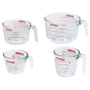 pyrex tempered glass liquid measuring cups set, includes 1-cup, 2-cup, 4-cup, and 8-cup, dishwasher, freezer, microwave, and preheated oven safe, essential kitchen tools, 4 piece