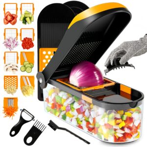 vegetable chopper 19 in 1, multifunctional veggie, onion & food chopper, dicer, cutter with container with resistant glove, peeler, 9 blades