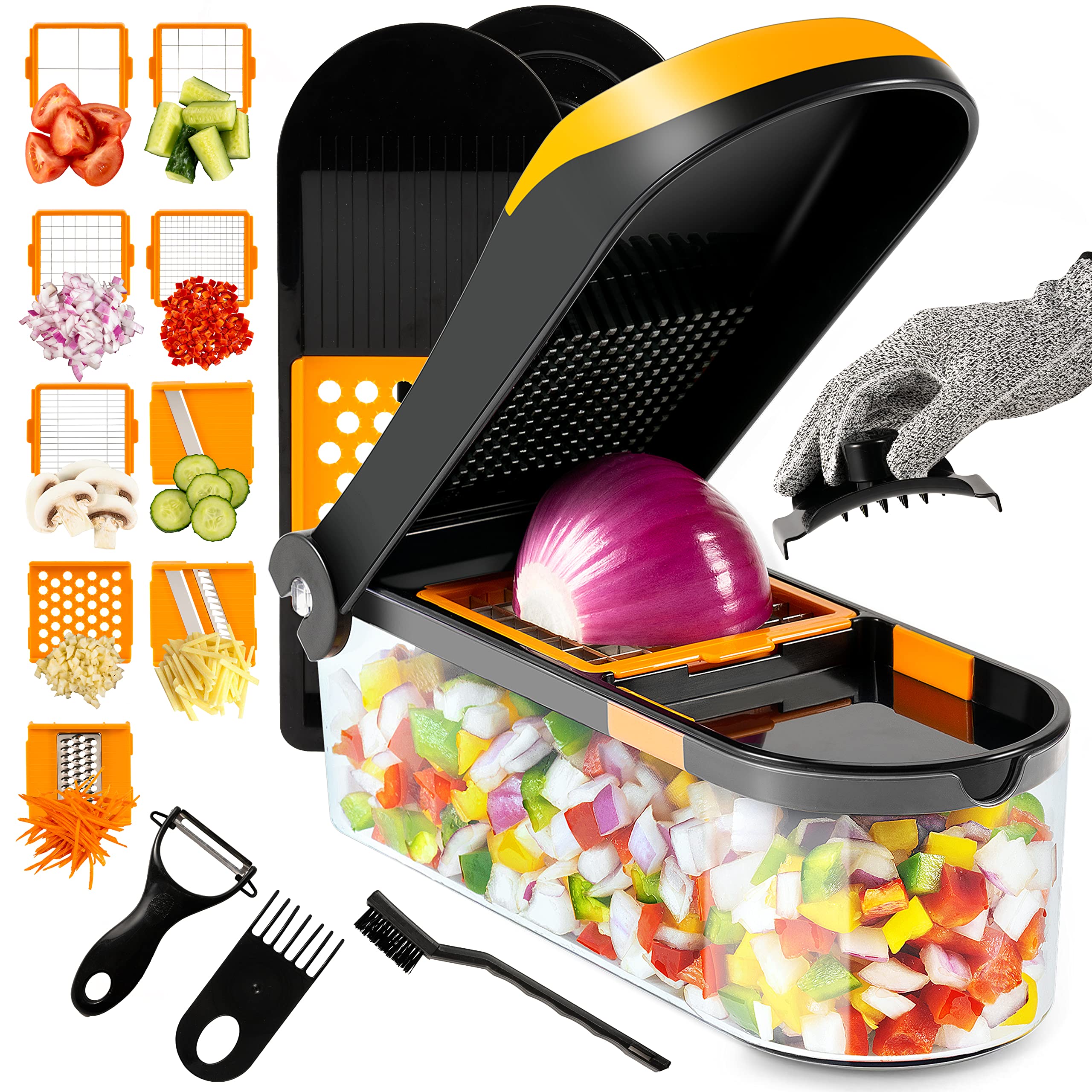 Vegetable chopper 19 in 1, Multifunctional Veggie, Onion & Food chopper, Dicer, cutter With Container With Resistant Glove, Peeler, 9 Blades