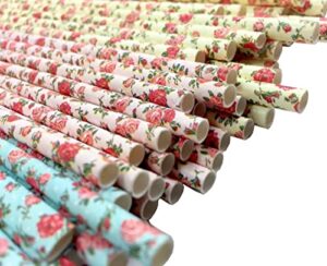 75-pack biodegradable floral paper straws - pink, blue, yellow - vintage flower & rose design - eco-friendly disposable straws for parties by jpaco