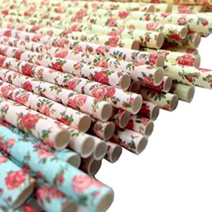 75-Pack Biodegradable Floral Paper Straws - Pink, Blue, Yellow - Vintage Flower & Rose Design - Eco-Friendly Disposable Straws for Parties by JPACO