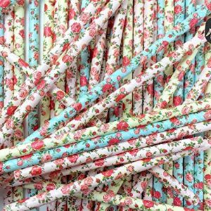 75-Pack Biodegradable Floral Paper Straws - Pink, Blue, Yellow - Vintage Flower & Rose Design - Eco-Friendly Disposable Straws for Parties by JPACO