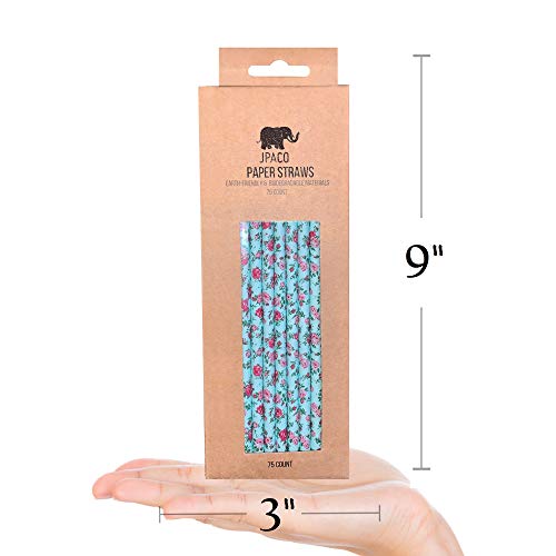 75-Pack Biodegradable Floral Paper Straws - Pink, Blue, Yellow - Vintage Flower & Rose Design - Eco-Friendly Disposable Straws for Parties by JPACO