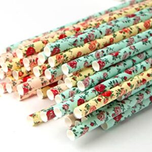 75-Pack Biodegradable Floral Paper Straws - Pink, Blue, Yellow - Vintage Flower & Rose Design - Eco-Friendly Disposable Straws for Parties by JPACO