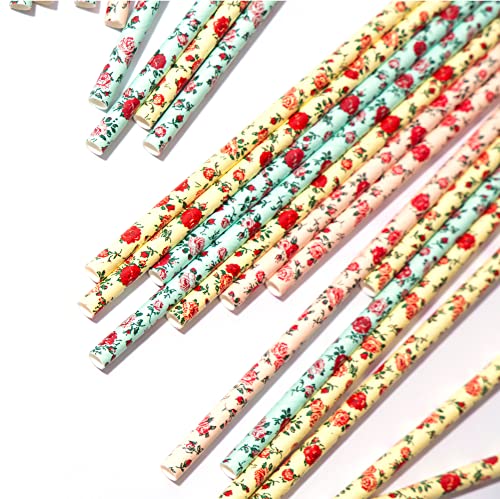 75-Pack Biodegradable Floral Paper Straws - Pink, Blue, Yellow - Vintage Flower & Rose Design - Eco-Friendly Disposable Straws for Parties by JPACO