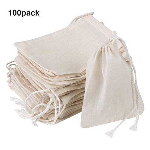 Pangda 100 Pieces Drawstring Cotton Bags Muslin Bags for Storage, Teas, Spices, Soaps, Candy, Jewellery, Wedding Party Favors and DIY Craft Home Decor (4 x 3 Inches)