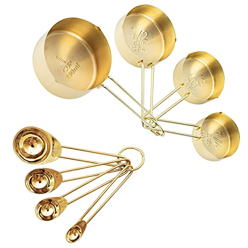 LYFJXX Gold Measuring Cups and Spoons Set, 8 PCS Metal Measuring Cups and Stainless Steel Measuring Spoons Set for Kitchen