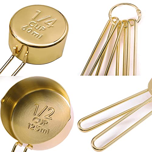 LYFJXX Gold Measuring Cups and Spoons Set, 8 PCS Metal Measuring Cups and Stainless Steel Measuring Spoons Set for Kitchen