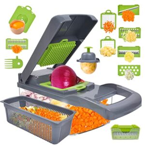 wmancok vegetable chopper,12-in-1 multifunctional veggie chopper,grey kitchen vegetable slicer dicer cutter,potato onion food chopper with vegetable peeler,hand guard and container