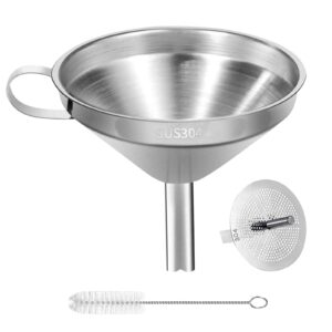 stainless steel kitchen funnel, 4.3-inch food grade metal funnel with strainer for filling bottles, transferring liquid, oil, juice, milk