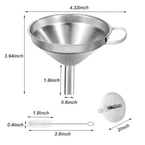 Stainless Steel Kitchen Funnel, 4.3-Inch Food Grade Metal Funnel with Strainer for Filling Bottles, Transferring Liquid, Oil, Juice, Milk