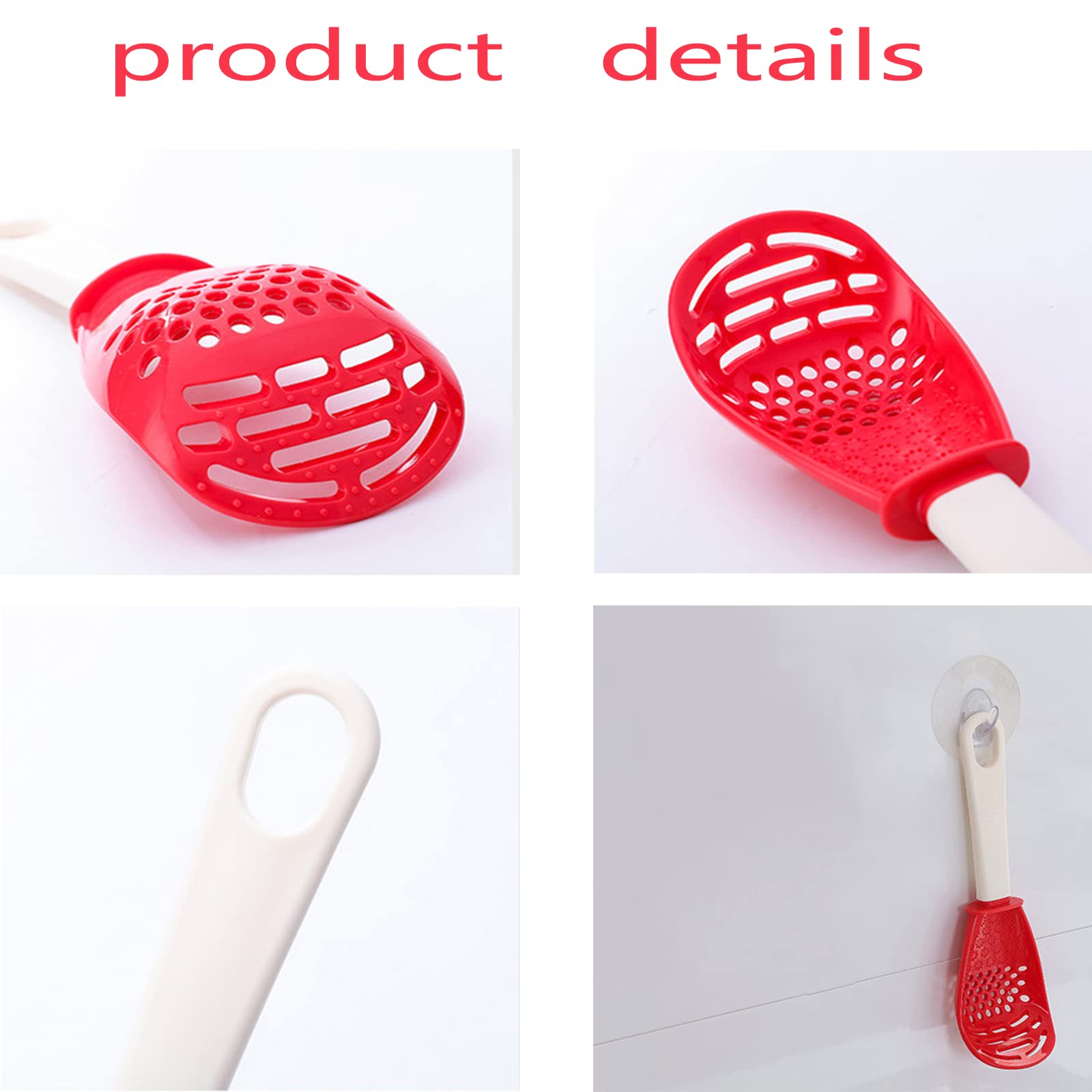 Xesakesi 4 PCS Multifunctional Cooking Spoon, All Purpose Kitchen Tool Skimmer Scoop Colander Strainer Grater Masher, Food-Grade High Temperature Resistant Cooking Gadgets, Plastic (2Red+2Black)