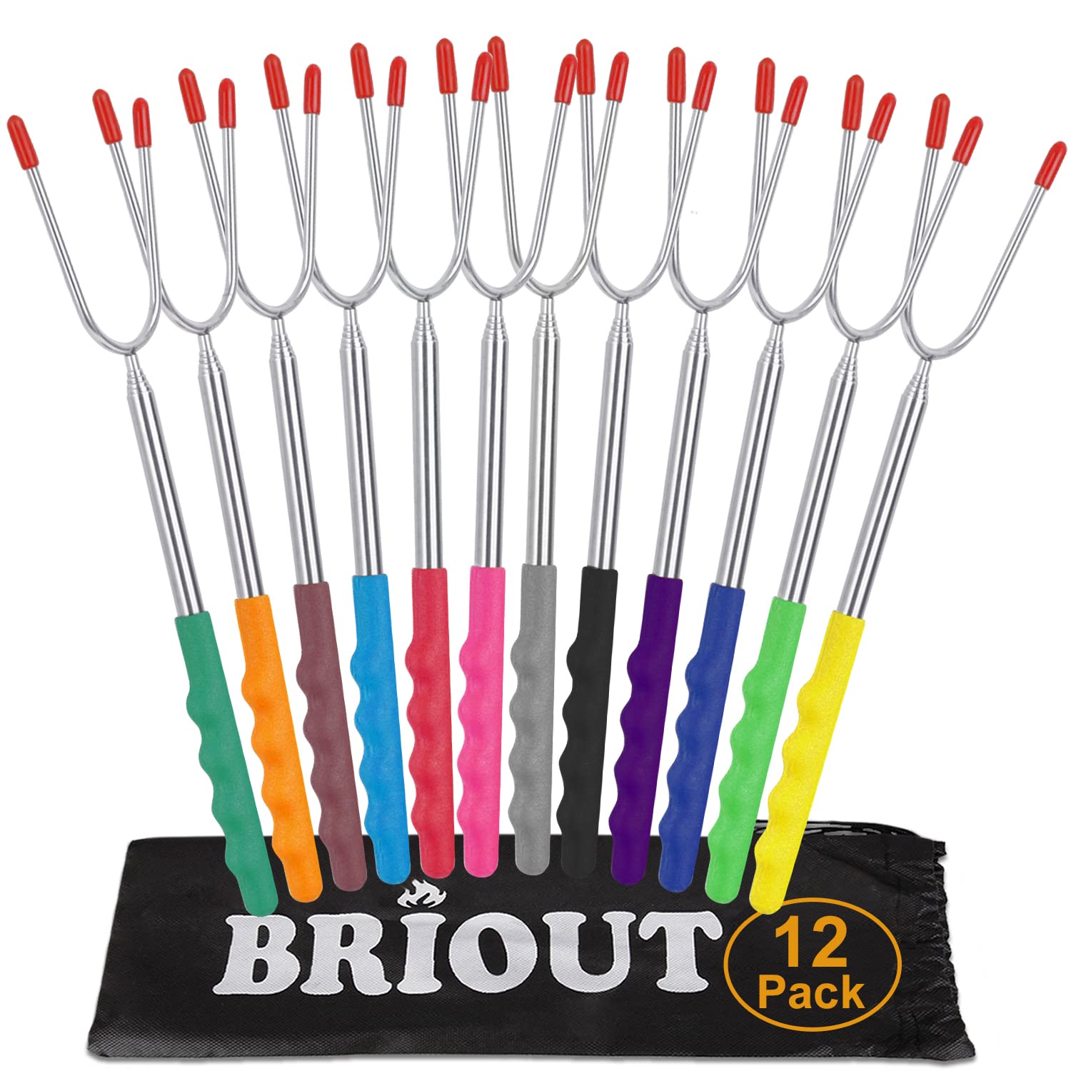 Briout Marshmallow Roasting Sticks 12 Colors Extra Long 45'' Stainless Telescoping Hot Dog Smores Skewers Kids Safe Barbecue Forks for Campfire, Bonfire and Grill(12 Count)