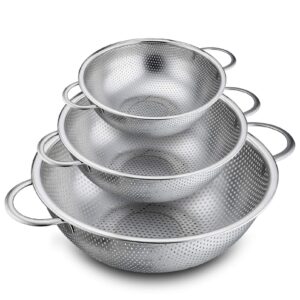 p&p chef colander set of 3, stainless steel micro-perforated colanders strainers for draining rinsing washing, ideal for pasta vegetables fruits, heavy duty & dishwasher safe - 1/3/5 quart