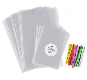 200pcs candy treat bags 4" x 6" clear cellophane bag& 2.8'' x 4'' small treat bags with ties, thickening plastic party favor bags for lollipop bags cookie chocolate wrapping