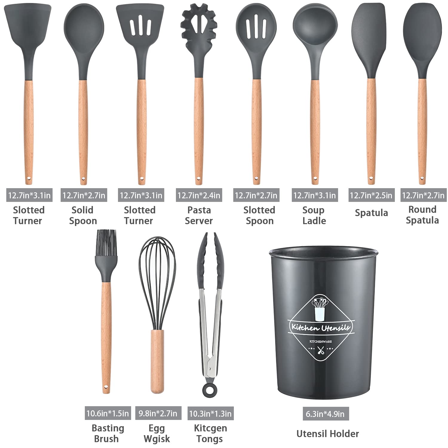 ICVKRJ 12 Pcs Silicone Cooking Utensils Kitchen Utensil Set - 446°F Heat Resistant,Turner Tongs, Spatula, Spoon, Brush, Whisk, Wooden Handle Gray Kitchen Gadgets with Holder for Nonstick Cookware