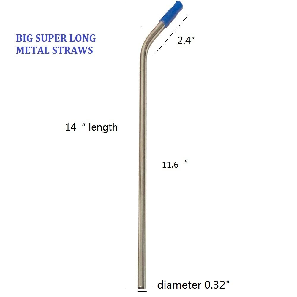 14 Inch Stainless Steel Straws, 4pcs Ultra Long Reusable 0.32" (8mm) Big Wide Metal Straws for 40oz/64oz Tumblers or Super Tall Cups with Silicone Tips and Cleaning Brush