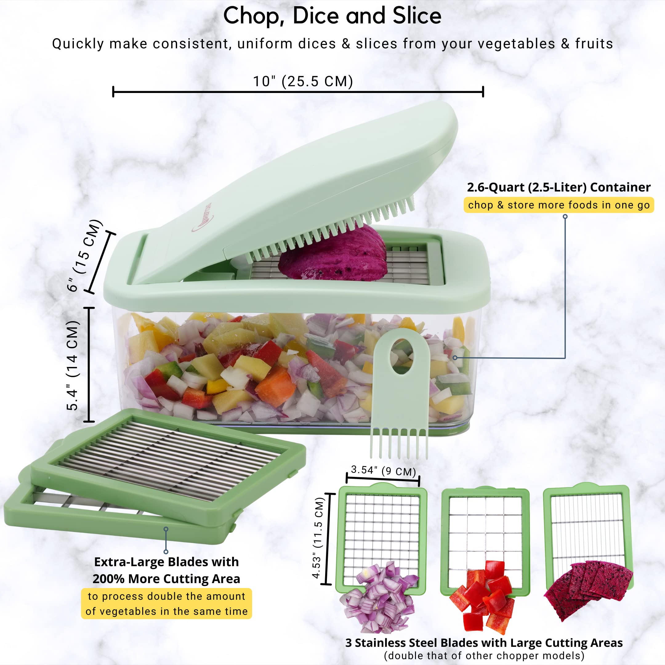 Brieftons QuickPush Food Chopper: Vegetable Chopper Dicer Slicer, Onion Chopper Vegetable Cutter, 3 Extra-Large Blades with 200% More Cutting Area to Chop Dice Slice Vegetables, 2.6-Quart Container