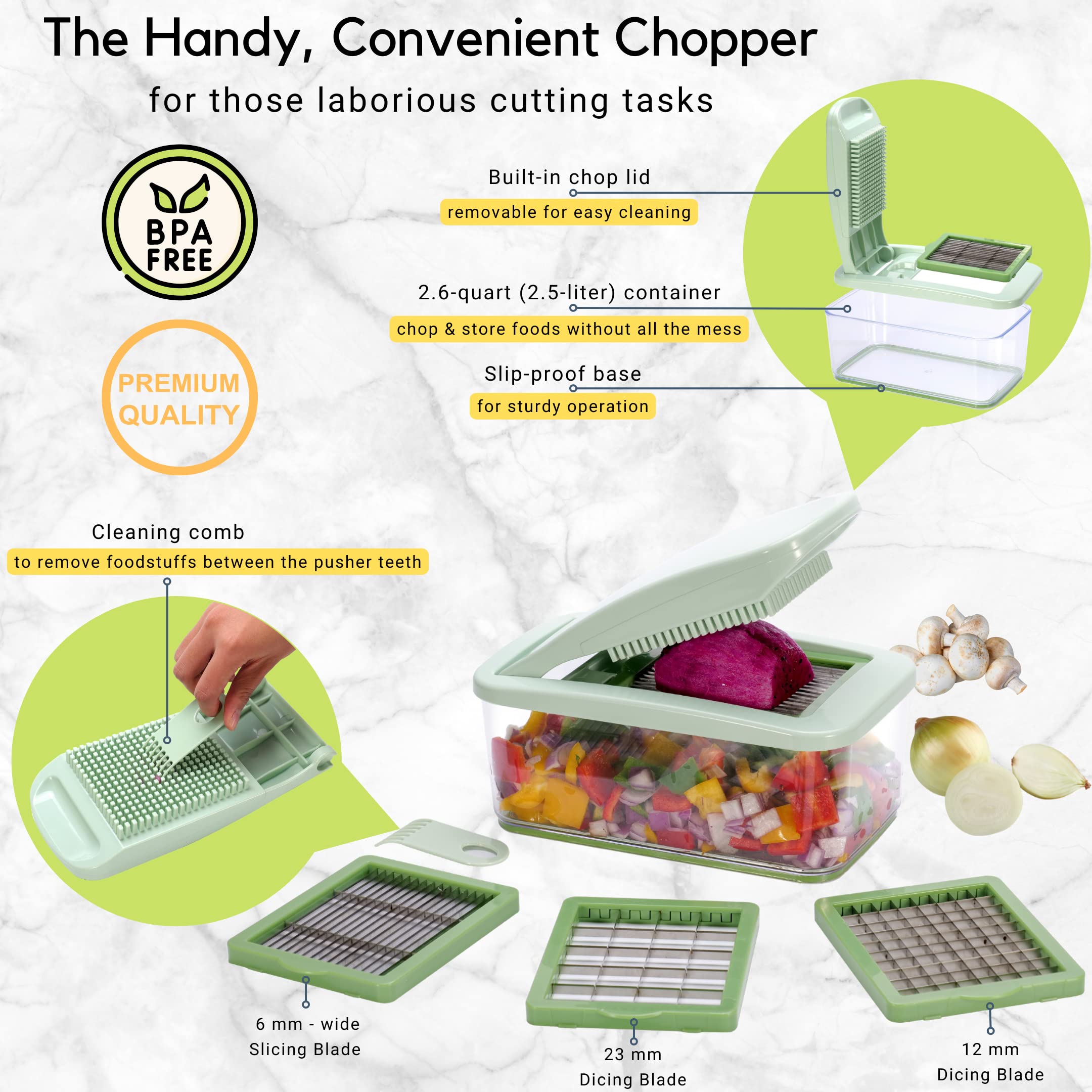 Brieftons QuickPush Food Chopper: Vegetable Chopper Dicer Slicer, Onion Chopper Vegetable Cutter, 3 Extra-Large Blades with 200% More Cutting Area to Chop Dice Slice Vegetables, 2.6-Quart Container