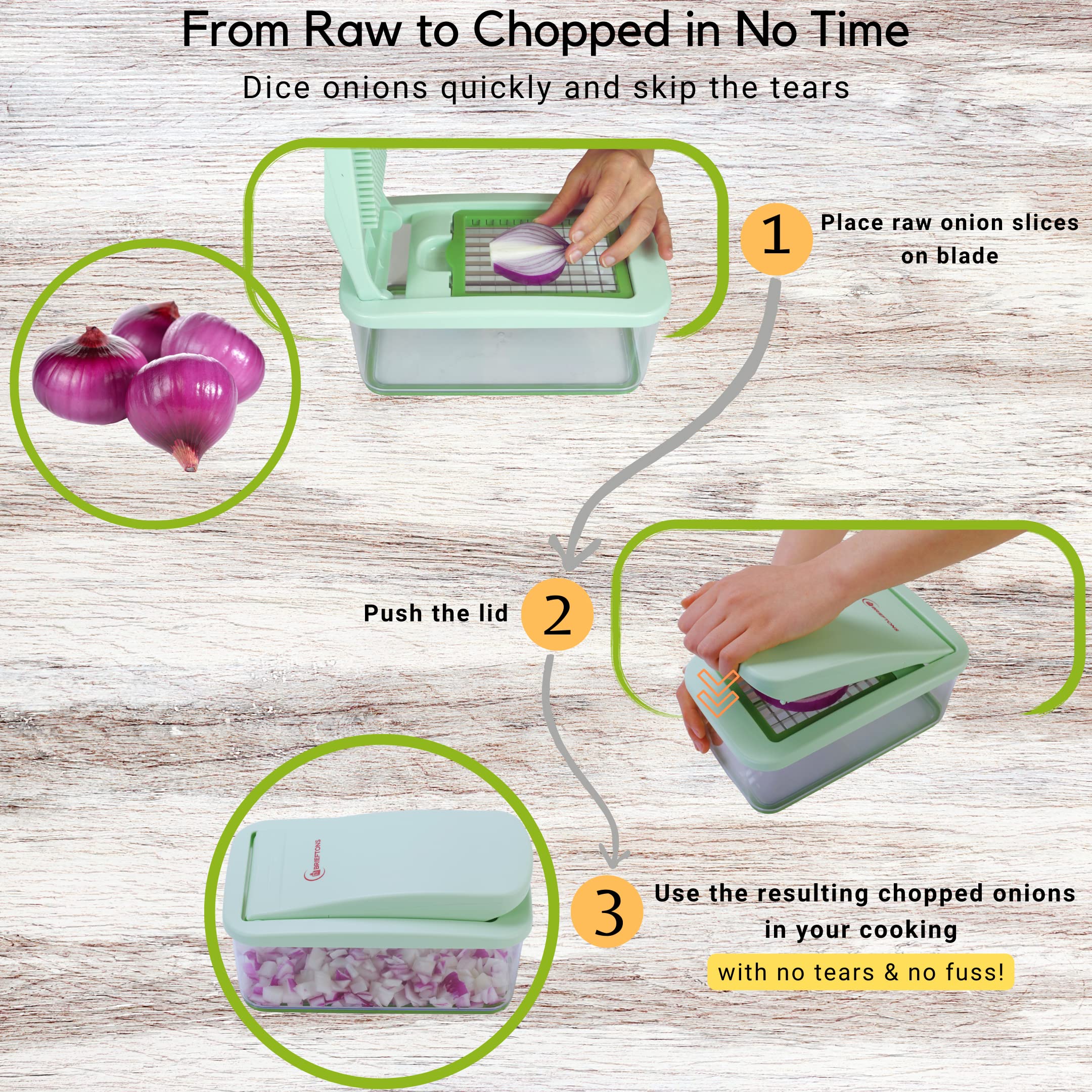 Brieftons QuickPush Food Chopper: Vegetable Chopper Dicer Slicer, Onion Chopper Vegetable Cutter, 3 Extra-Large Blades with 200% More Cutting Area to Chop Dice Slice Vegetables, 2.6-Quart Container