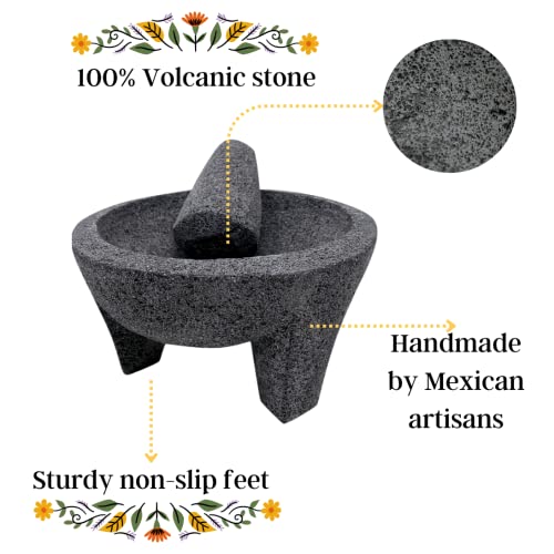 LINDO Brand 8.6 inch Molcajete Mortar and Pestle, Mexican Handmade with Lava Stone,Herb Bowl, Spice Grinder, Pill Crusher, Pesto Powder, Volcanic Stone