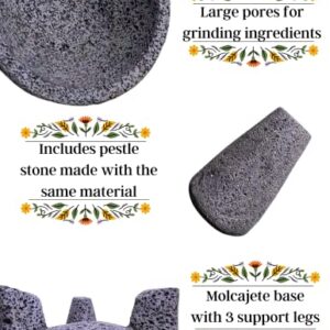 LINDO Brand 8.6 inch Molcajete Mortar and Pestle, Mexican Handmade with Lava Stone,Herb Bowl, Spice Grinder, Pill Crusher, Pesto Powder, Volcanic Stone