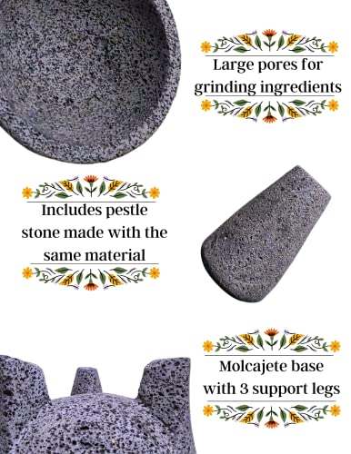 LINDO Brand 8.6 inch Molcajete Mortar and Pestle, Mexican Handmade with Lava Stone,Herb Bowl, Spice Grinder, Pill Crusher, Pesto Powder, Volcanic Stone