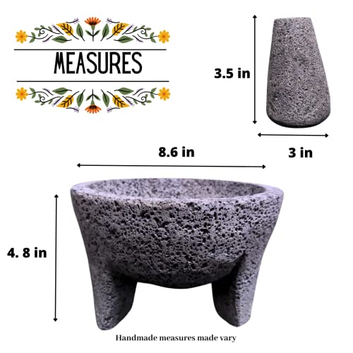 LINDO Brand 8.6 inch Molcajete Mortar and Pestle, Mexican Handmade with Lava Stone,Herb Bowl, Spice Grinder, Pill Crusher, Pesto Powder, Volcanic Stone