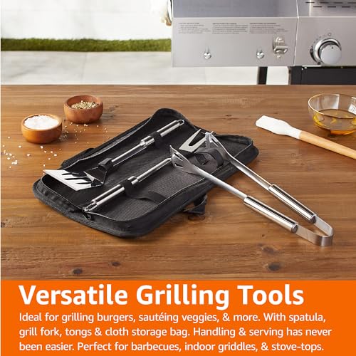 Amazon Basics 4-Piece Stainless Steel Barbeque Grilling Tool Set with Carry Bag