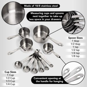 Stainless Steel Measuring Cups And Spoons Set - Heavy Duty, Metal Kitchen Measuring Set For Cooking And Baking Food For Dry Ingredients - Stackable Nesting Measuring Cups - Gordo Boss Measuring Spoons