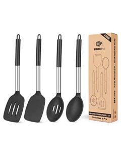 pack of 4 silicone cooking utensils set, non stick large solid spatulas, heat resistant black slotted spoons, ideal bpa free kitchen turners for frying, mixing,serving,draining,turning,stirring