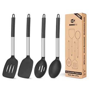 Pack of 4 Silicone Cooking Utensils Set, Non Stick Large Solid Spatulas, Heat Resistant Black Slotted Spoons, Ideal BPA Free Kitchen Turners for Frying, Mixing,Serving,Draining,Turning,Stirring