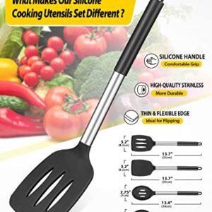 Pack of 4 Silicone Cooking Utensils Set, Non Stick Large Solid Spatulas, Heat Resistant Black Slotted Spoons, Ideal BPA Free Kitchen Turners for Frying, Mixing,Serving,Draining,Turning,Stirring