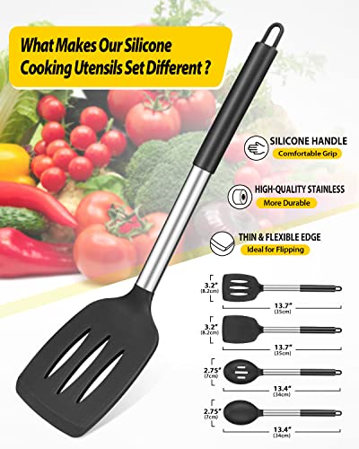 Pack of 4 Silicone Cooking Utensils Set, Non Stick Large Solid Spatulas, Heat Resistant Black Slotted Spoons, Ideal BPA Free Kitchen Turners for Frying, Mixing,Serving,Draining,Turning,Stirring