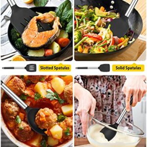 Pack of 4 Silicone Cooking Utensils Set, Non Stick Large Solid Spatulas, Heat Resistant Black Slotted Spoons, Ideal BPA Free Kitchen Turners for Frying, Mixing,Serving,Draining,Turning,Stirring