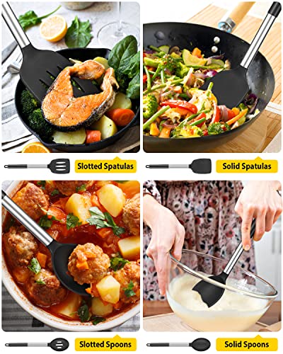 Pack of 4 Silicone Cooking Utensils Set, Non Stick Large Solid Spatulas, Heat Resistant Black Slotted Spoons, Ideal BPA Free Kitchen Turners for Frying, Mixing,Serving,Draining,Turning,Stirring