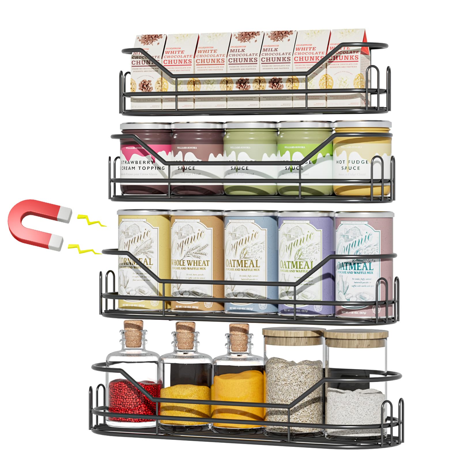 Magnetic Spice Rack for Refrigerator - 4 Pack Large Capacity Magnetic Shelves, Strong Magnetic Shelf, Space Saving Fridge Magnet Organizer, Spice Rack for Kitchen Organization and Storage, Metal Black