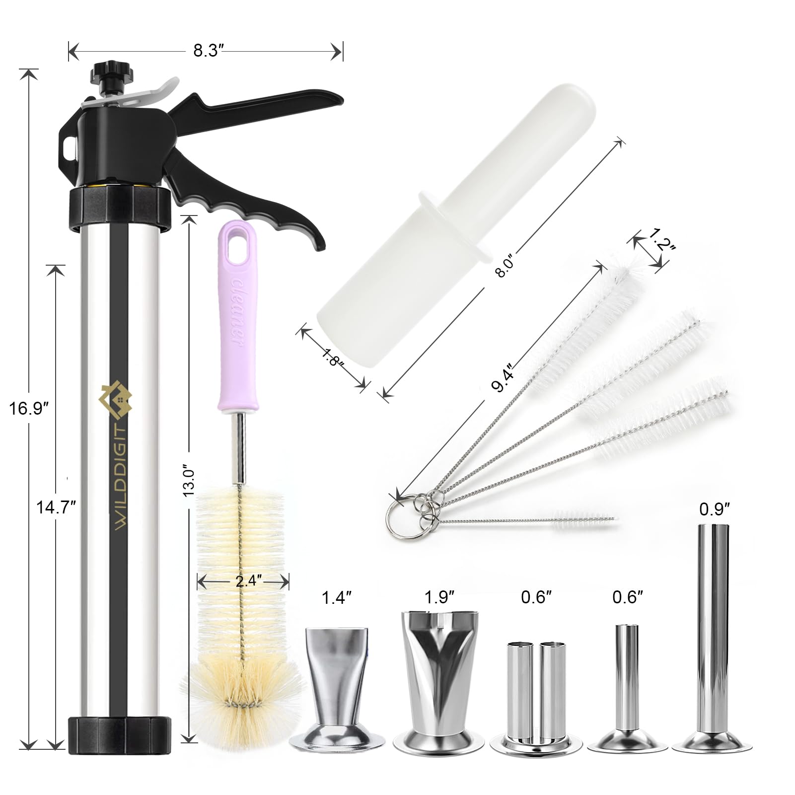 WILDDIGIT Large Capacity Professional Beef Jerky Gun Kits, Stainless Steel Jerky Maker, Jerky Cannon, Meat Gun with 5 Stainless Nozzles and 5 Brushes