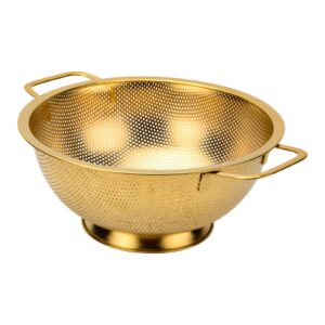snailhouse colander, 3 quart stainless steel pasta rice food metal strainer with handles and self-draining base for kitchen, gold