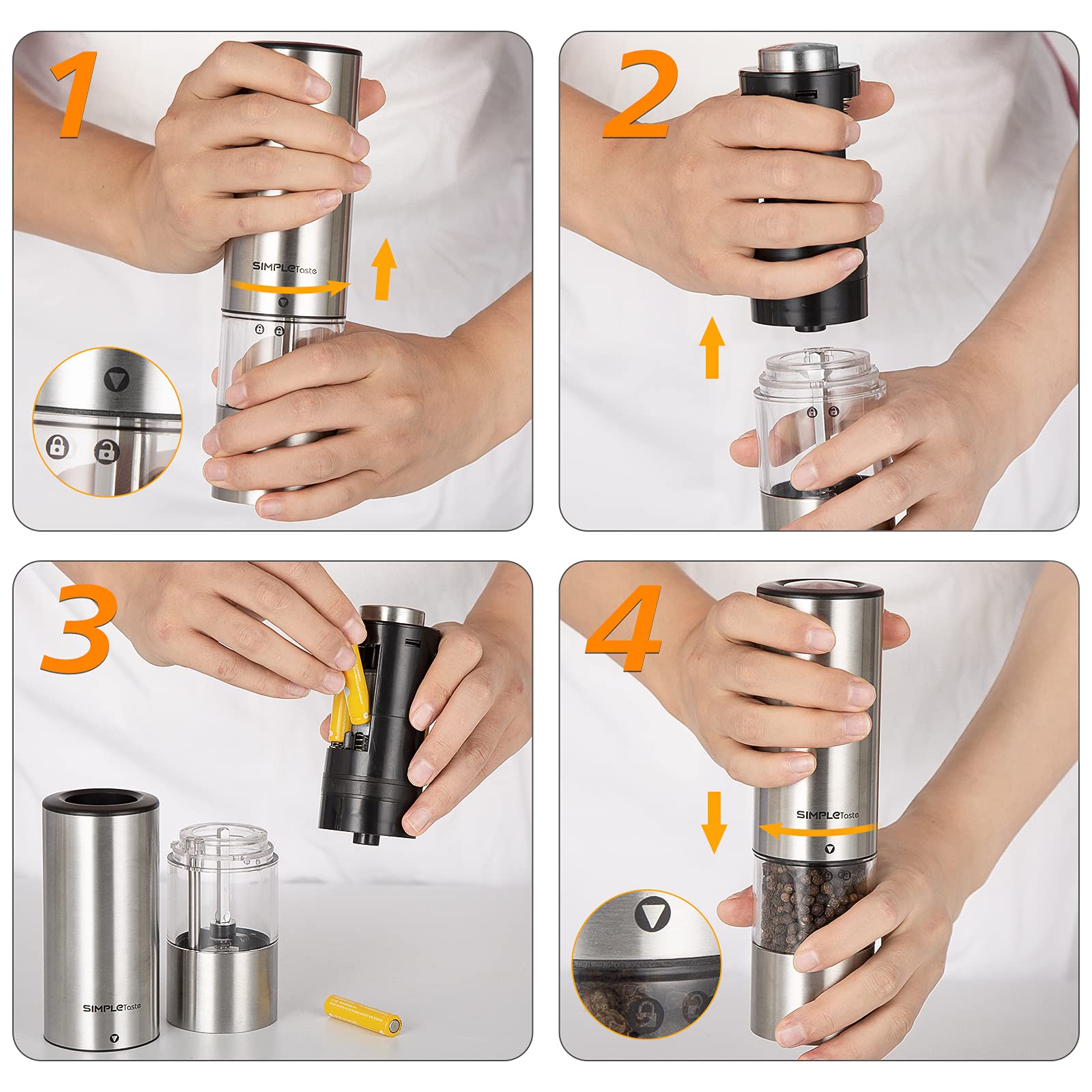 SIMPLETASTE Electric Salt and Pepper Grinder Set, Automatic One Handed,Stainless Grinders with Lights and Adjustable Coarseness,Battery Operated