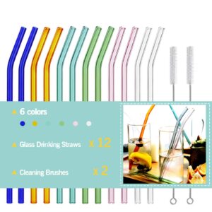 reusable bent glass drinking straws,set of 12 bent straws with 2 cleaning brushes,shatter resistant,non-toxic,eco friendly reusable straws (multi-color 12 pack)
