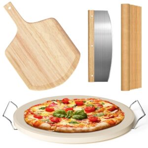 5 pcs round pizza stone set, 13" pizza stone for oven and grill with pizza peel(oak),serving rack, pizza cutter & 10pcs cooking paper for free, baking stone for pizza, bread