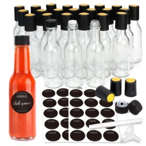 GMISUN Mini Hot Sauce Bottles 5 oz, 24 Pack Glass Woozy Bottles with Shrink Capsules, Mini Wine Bottles with Labels, Funnel, Caps, Dripper Inserts, for Homemade Hot Sauces, Dressing