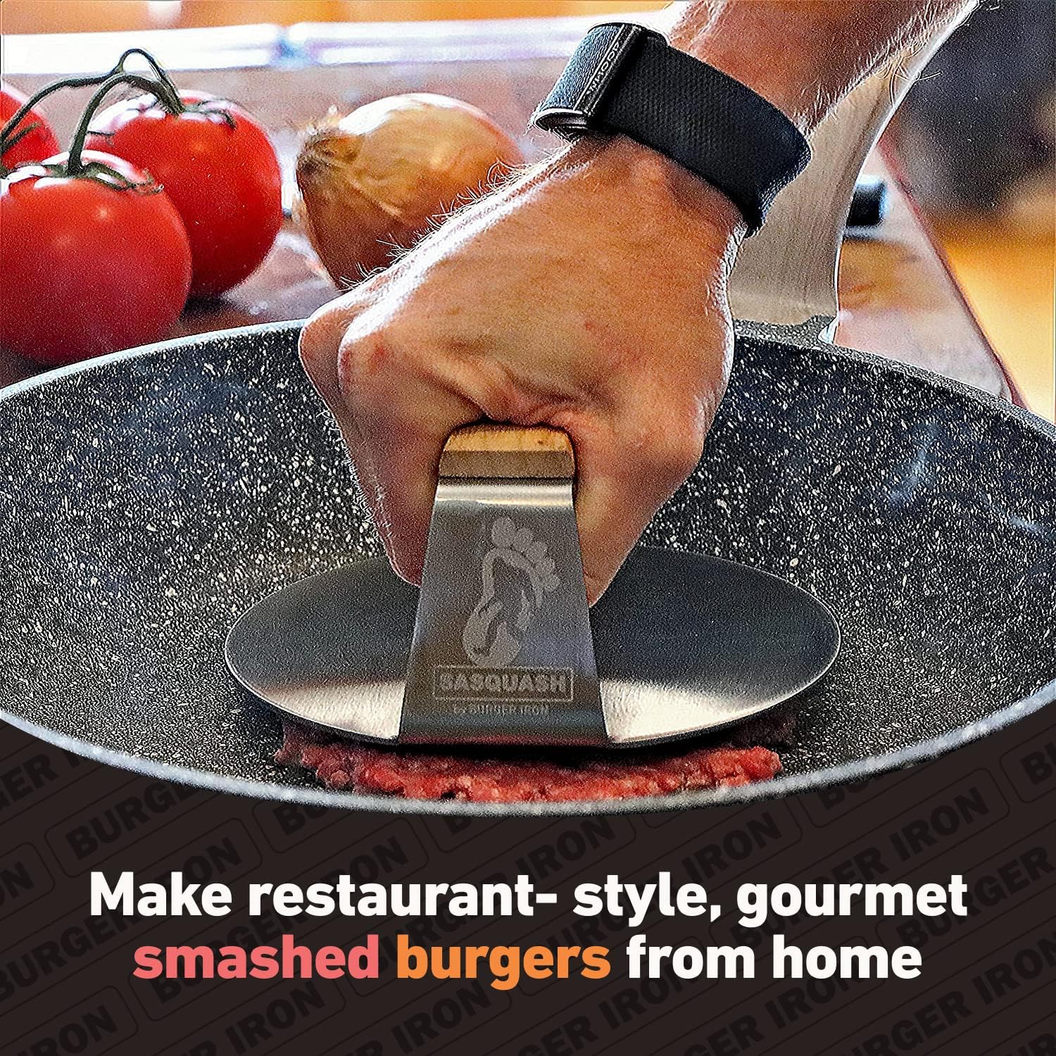 The Sasquash Indestructible Burger Smasher - Professional Grade Wide Flat Handle Smashed Burger Press - Heavy Duty One-Piece Welded Stainless Steel BBQ Griddle and Grill Tool (Square)