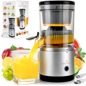zulay kitchen juice vortex lemon & orange juicer - electric citrus squeezer & presser - rechargeable juicer machine - wireless portable juicer - usb charger & cleaning brush included (black/silver)