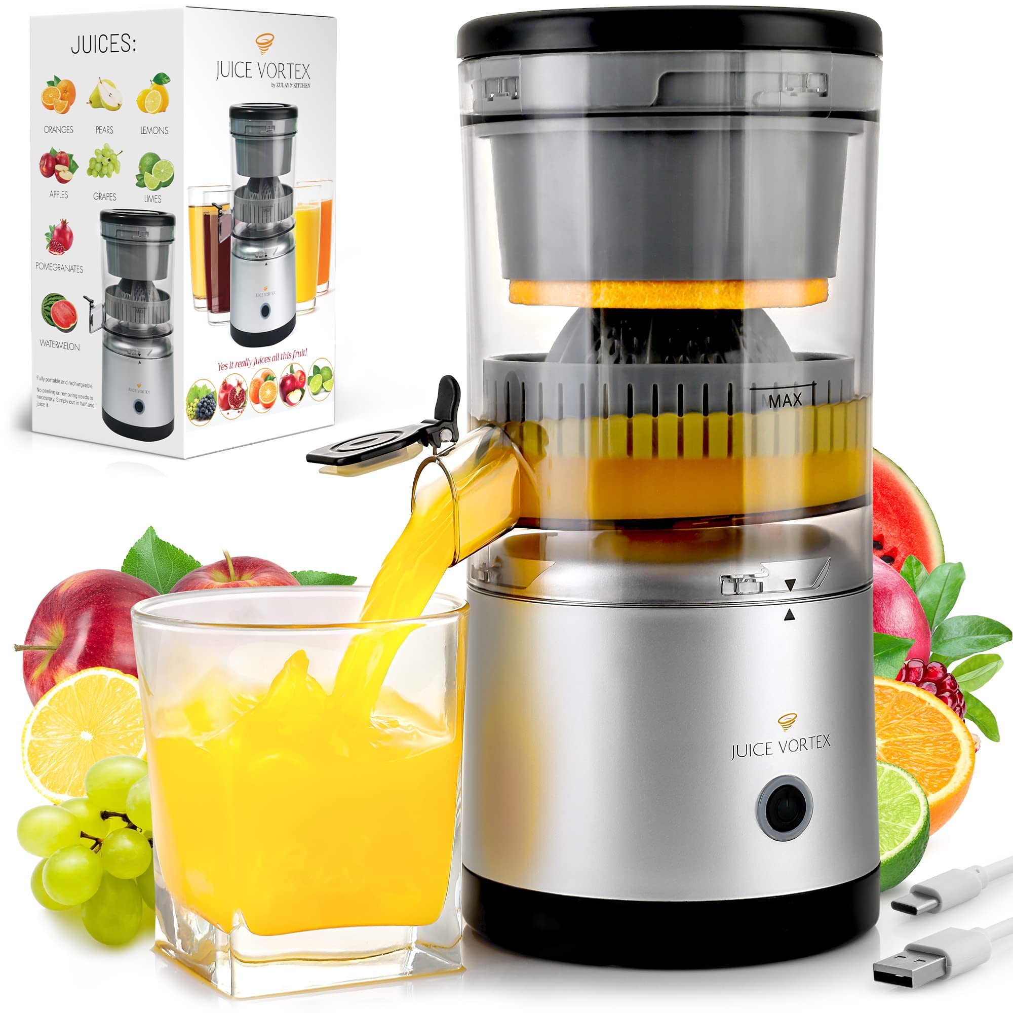 Zulay Kitchen Juice Vortex Lemon & Orange Juicer - Electric Citrus Squeezer & Presser - Rechargeable Juicer Machine - Wireless Portable Juicer - USB Charger & Cleaning Brush Included (Black/Silver)