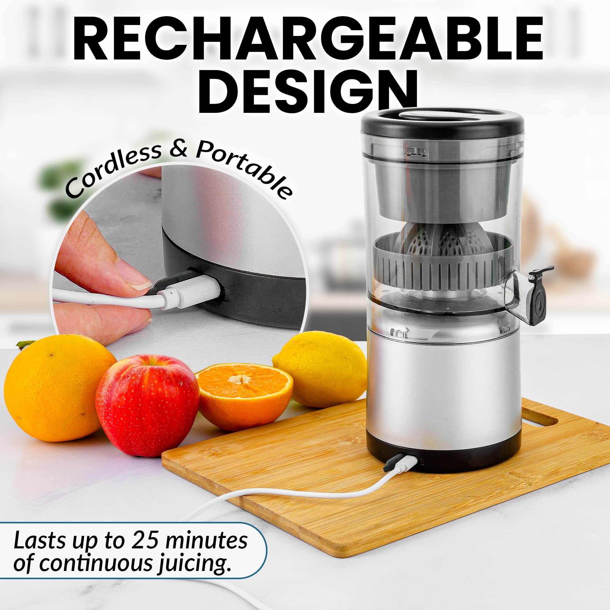 Zulay Kitchen Juice Vortex Lemon & Orange Juicer - Electric Citrus Squeezer & Presser - Rechargeable Juicer Machine - Wireless Portable Juicer - USB Charger & Cleaning Brush Included (Black/Silver)